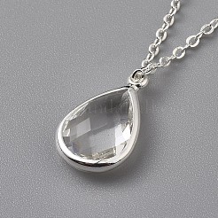 クリアガラスチャームネックレス  真鍮アズキチェーン付き  引き輪およびボール紙梱包箱  ティアドロップ  銀色のメッキ  17.99インチ（45.7cm）&nbsp;NJEW-JN02611-01