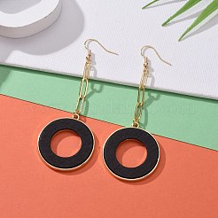 リング型ダングルピアス  木のペンダントと  金メッキ真鍮ペーパークリップチェーン＆ピアスフック  ブラック  82mm  ピン：1mm&nbsp;EJEW-JE04396