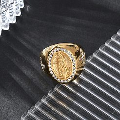 楕円形、セント304ステンレススチールラインストーン指輪、男女兼用  イオンプレーティング（ip）  ゴールドカラー  19.5mm  内径：17mm&nbsp;RJEW-Z076-05G-02