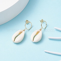 女性のための天然カウリーシェルロングダングルスタッドピアス付きリング  ゴールドカラー  貝殻色  40mm  ピン：0.5mm&nbsp;EJEW-JE04745-01