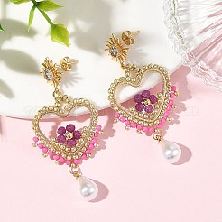 女性用、天然石とガラスシードのドロップピアス  ハート  真鍮製マイクロクリアキュービックジルコニアサンスタッドピアス  ゴールドカラー  ミックスカラー  57x26mm  3のペア/セット&nbsp;EJEW-MZ00782