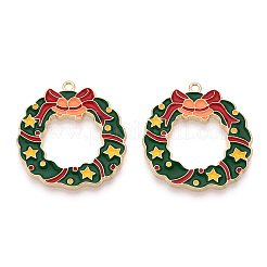 環境に優しい合金エナメルペンダント  カドミウムフリーと鉛フリー＆ニッケルフリー  クリスマスのために  ベルとクリスマスリース  ライトゴールド  濃い緑  27x25x1mm  穴：1.5mm&nbsp;ENAM-Q437-060-NR