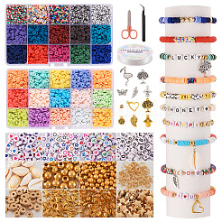 DIY プレッピー ブレスレット メイキング キット  ポリマークレイディスク、アクリルレター、プラスチックスター、天然シェルビーズを含む  ハート＆リーフ＆エンジェル＆フラミンゴ合金ペンダント  ピンセット  はさみ  ミックスカラー&nbsp;DIY-TA0008-97