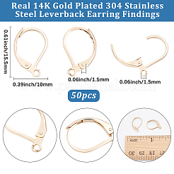 304ステンレススチールフレンチフックピアス金具50個  カン付き  14KGP本金メッキ  15.5x10x1.5mm  穴：1.5mm&nbsp;STAS-BBC0011-12