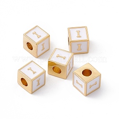メッキ真鍮エナメルビーズラック  カドミウムフリー＆ニッケルフリー＆鉛フリー  18KGP本金メッキ  文字付きのキューブ  ホワイトスモーク  文字.i  6x6x6mm  穴：2.5mm&nbsp;KK-B060-04G-04I