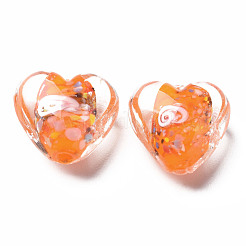 手作りランプワークビーズ  インナー花と  ハート  オレンジ  12~15x13~16x9mm  穴：1.2mm&nbsp;LAMP-T011-04A