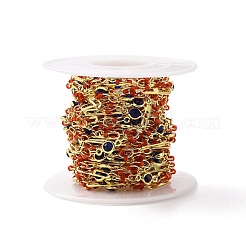 本物の 18k ゴールド メッキの真鍮の楕円形とフラット ラウンド リンク チェーン  ガラスビーズ  ハンダ付け  スプールで  鉛フリー＆カドミウムフリー＆ニッケルフリー  レッド  10x4.5x1.7mm  15x2.5x0.3mm&nbsp;CHC-F844-10A