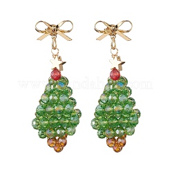 ガラスダングルスタンドピアス  クリスマスツリー  ゴールドカラー  ライムグリーン  50x18mm&nbsp;EJEW-MZ00503