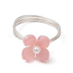 花のセルロースアセテート（樹脂）と貝パールの指輪  銅線を巻いたリング  銀  内径：18mm  4個/セット&nbsp;RJEW-TA00181-02