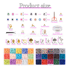 DIY プレッピー ブレスレット メイキング キット  ポリマークレイディスク、アクリルレター、プラスチックスター、天然シェルビーズを含む  ハート＆リーフ＆エンジェル＆フラミンゴ合金ペンダント  ピンセット  はさみ  ミックスカラー&nbsp;DIY-TA0008-97