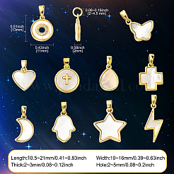 10個 10スタイル 真鍮パヴェ天然ホワイトシェルペンダント  混合図形  18KGP本金メッキ  10.5~21x10~16x2~3mm  穴：4~5x2~3mm  1個/スタイル&nbsp;KK-CJ0002-56