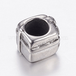 304ステンレススチールヨーロピアンビーズ  大穴ビーズ  贈り物  アンティークシルバー  9x9x10mm  穴：5mm&nbsp;STAS-P173-071AS