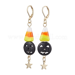 ハロウィン キャンディ コーン ハンドメイド ランプワーク & ブラック パンプキン 合成ターコイズ レバーバック ダングル イヤリング  女性用スター 304 ステンレススチールジュエリー  カラフル  67x15mm&nbsp;EJEW-JE05872