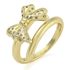 Bowknot Brass Micro Pave Clear Cubic Zirconia Open Cuff Double Rings&nbsp;RJEW-Z046-04G-02