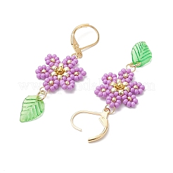 304 ステンレススチール製フラワーとリーフのフレンチフックピアス  ガラスシードビーズ、ナイロンワイヤー、アクリルチャーム付き  ゴールドカラー  プラム  56x18mm&nbsp;EJEW-MZ00456-02