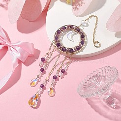 天然アメジストビーズリング吊り下げ装飾品  家庭菜園の装飾用のガラスのティアドロップタッセルサンキャッチャー  ゴールドカラー  252mm&nbsp;HJEW-TA00169