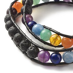 2-Loop Round Natural Mixed Stone Braided Wrap Bracelet with Tree of Life Alloy Charm&nbsp;BJEW-JB07871
