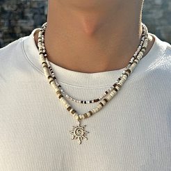Alloy Sun Pendant Natural Coconut & Glass Seed Beaded Double Layer Necklaces&nbsp;FS-WGD8A96-01