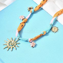 304 Stainless Steel Sun & Resin & Ceramic Flower Pendant Silk Ribbon Necklaces for Women&nbsp;NJEW-A063-10G