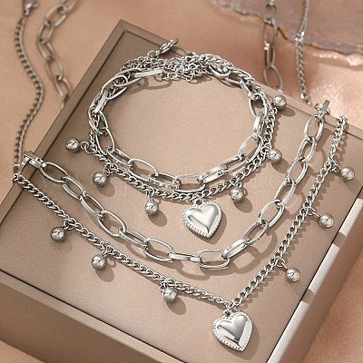 磁気ステンレススチール ネックレスとブレスレット セット ハート型304ステンレススチール製ダブルネックレス＆ブレスレット
