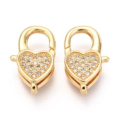 Brass Micro Pave Cubic Zirconia Lobster Claw Clasps, Cadmium Free & Lead Free, Heart, Real 18K Gold Plated, 17x10x5mm, Hole: 1x2mm