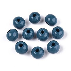 Spray Painted Round Natural Schima Wood Beads, Steel Blue, 8~8.5x6.8mm, Hole: 1.8~2mm