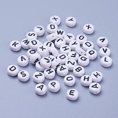 Acrylic Horizontal Hole Letter Beads, Random Mixed Letters, Flat Round, White, 7x4mm, Hole: 1.8mm, about 3500pcs/Bag
