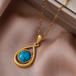 Vintage 304 Stainless Steel & Dyed Synthetic Turquoise Teardrop Pendant Necklaces for Women&nbsp;LS-IA9439