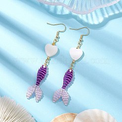 ガラス＆シェルのダングルイヤリング 3ペア 3色  魚とハート 304 ステンレススチール ダングルイヤリング 女性用  ゴールドカラー  ミックスカラー  76.5~82x17mm  1ペア/カラー&nbsp;EJEW-MZ00160