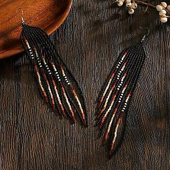 手作りのボヘミアンガラスシードビーズのシャンデリアピアス  長いタッセルイヤリング  ブラック  160x23mm&nbsp;UU5270