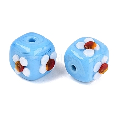 手作りのでこぼこランプワークビーズ  キューブと花  ライトスカイブルー  10.5~12x10.5~12x9.5~10.5mm  穴：1.4~1.6mm&nbsp;LAMP-N042-22A-06