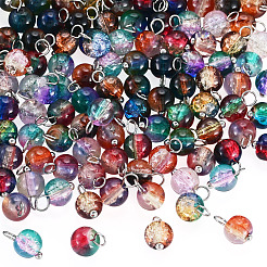 110色のクラックルツートンガラスチャーム11個  真鍮のループを有します  ラウンド  プラチナ  ミックスカラー  9.7mm  穴：2.6mm&nbsp;PALLOY-TAC0285