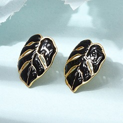 女性のための真鍮のスタッドピアス  葉  エナメル  ラックめっき  長持ちメッキ  鉛フリー＆カドミウムフリー  18KGP本金メッキ  ブラック  24x19mm&nbsp;KK-CBA9D38-05G-03
