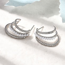 Brass Micro Pave Clear Cubic Zirconia Triple C-Shaped Stud Earrings&nbsp;EJEW-P322-10P