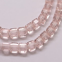 クリアガラスビーズ連売り  キューブ  多面カット  ピンク  4x4x4mm  穴：1mm  約100個/連  16.5インチ&nbsp;GLAA-K015-4x4x4mm-10
