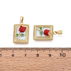真鍮製エナメルペンダント  長方形と花のチャーム  18KGP本金メッキ  ライトシアン  20x13x5mm  穴：5x2.5mm&nbsp;KK-SZC0009-05G-01