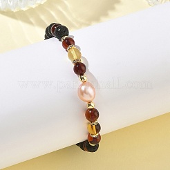 Natural Lava Rock & Amber & Cultured Freshwater Pearl Beaded Stretch Bracelets for Women&nbsp;BJEW-JB13722