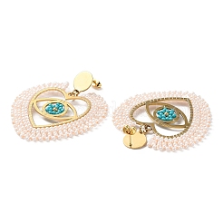 Heart with Eye Woven Glass & Brass Beaded Dangle Stud Earrings&nbsp;EJEW-A105-04G-01