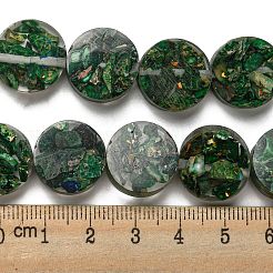 天然の染色されたインペリアルジャスパーと樹脂ビーズの連売り  フラットラウンド  濃い緑  16x5.5~7mm  穴：1.2mm  約11個/連  6.93インチ（17.6cm）&nbsp;G-G083-E06-01