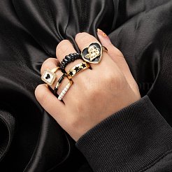 6ピース6スタイルゴールデンブラスカフリング  オープンリング  スター＆テクスチャード＆ハート＆レクタングル＆バンブージョイント  ホワイト  ブラック  1個/スタイル&nbsp;RJEW-LS0001-04