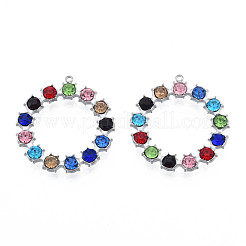 304ステンレスペンダント  カラフルなラインストーン付き  リング  ステンレス鋼色  30x28x4mm  穴：1.4mm&nbsp;STAS-N098-161P
