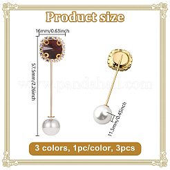 3個 3色 フラットラウンド真鍮ラインストーンラペルピンブローチ  模造パールと  ミックスカラー  57.5x16x11.5mm  1pc /カラー&nbsp;JEWB-HY0001-49