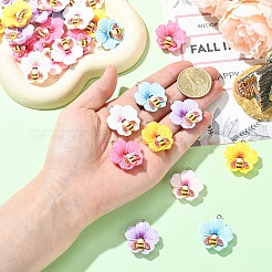 30個6色不透明樹脂ペンダント  蜂と花  プラチナ鉄ループ付き  ミックスカラー  27x26x8.5mm  穴：2mm  5個/カラー&nbsp;RESI-YW0006-11