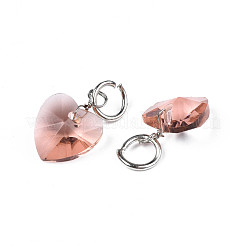 ファセット透明ガラスチャーム  鉄製丸カン付き  ハート  ピンク  13~14x10x5~6mm  穴：4mm&nbsp;GLAA-T024-04J