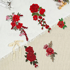 6個3スタイル＆2ペア2スタイルのコンピューター刺繍布アイロン接着/縫い付けパッチ  花のポリエステルアップリケ  レッド  80~390x130~215x1.5~3mm&nbsp;PATC-CY0003-97