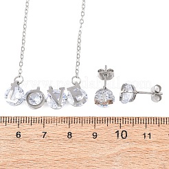 304ステンレススチール製キュービックジルコニアペンダントネックレス＆スタッドピアス（女性用）  単語の愛  ステンレス鋼色  ネックレス：470ミリメートル&nbsp;SJEW-B022-01P
