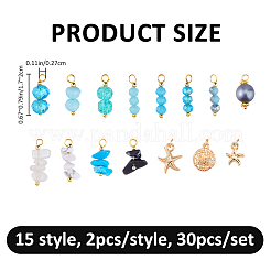 30Pcs 15 Styles Glass & Natural Snowflake Obsidian & Natural Magnesite & Synthetical Howlite & Natural White Jade & Alloy Pendants&nbsp;PALLOY-FH00198