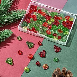 80個7スタイルの透明ガラスビーズ連売り  丸型/クリスマスツリー/クリスマスの雪の結晶  ミックスカラー  11.5~16x10.5~15x5.5~7.5mm  穴：0.8~1.5mm&nbsp;EGLA-FS0001-45