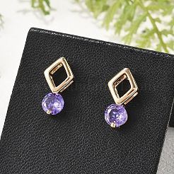 菱形とフラットラウンドい真鍮のマイクロパヴェキュービックジルコニアスタッドピアス（女性用）  カドミウムフリー＆鉛フリー  長持ちメッキ  ラックめっき  ゴールドカラー  青紫色  13.5x7mm&nbsp;EJEW-G428-20G-03