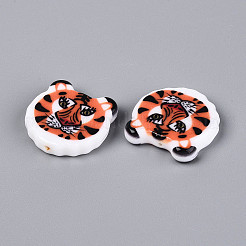 印刷された不透明樹脂ビーズ  虎  サンゴ  27x28x6mm  穴：1.4mm&nbsp;RESI-N043-08